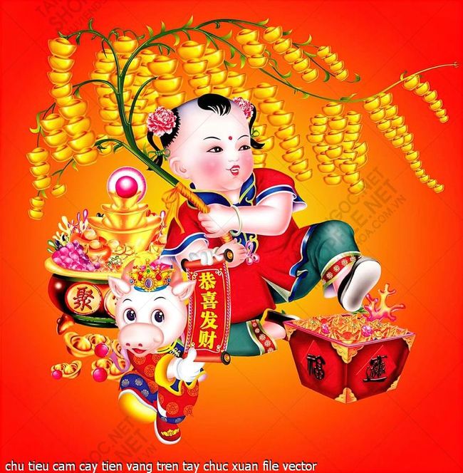 chu tieu cam cay tien vang tren tay chuc xuan file vector